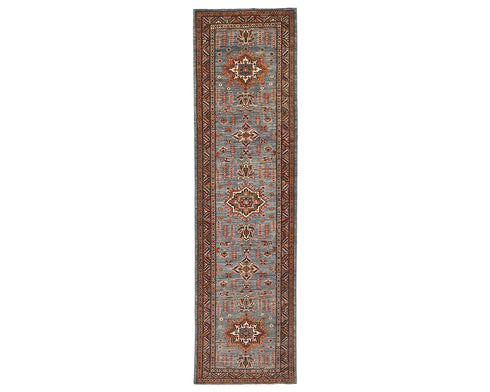 11 Feet Gray Kazak Afghan Hand Knotted Wool Runner Rug